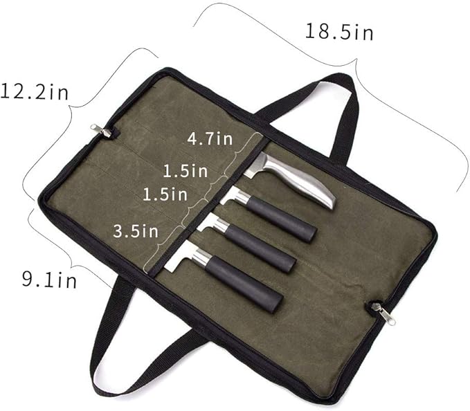 Knife Roll,Heavy Duty Knife Bag,Waxed Canvas knife Case with 4 Slots for Knives & Kitchen Tools,Chef Knife Bag with Handle.Portable Knife Roll Bag for Stroage Home Traveling Camping.Case Knives Pouch