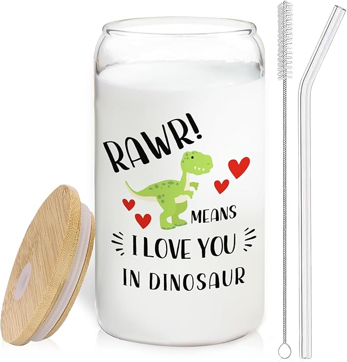 Dinosaur Glass Cup with Lids and Straws 14oz Gifts for Boys Girls Kids Adults, Rawr Means I Love You in Dinosaur Glass Iced Coffee Tumbler Drinking Jars with Cleaning Brush