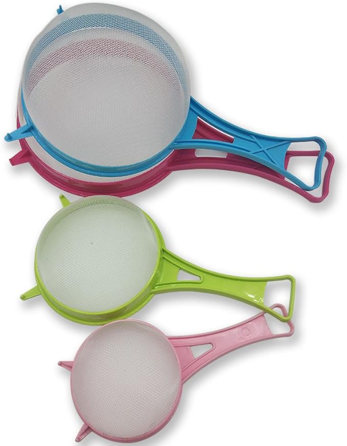 4Pcs Plastic Mesh Strainer Colander Set, Food Soy Milk Flour Sieve Long Handle Sieve Strainer Icing Sugar Sifters Fine Strainer Tea Filter