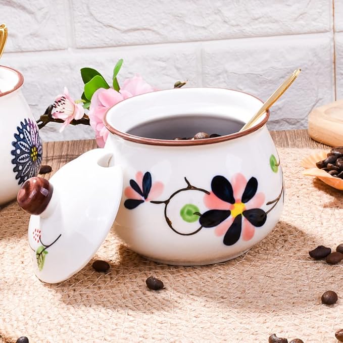 Porcelain Sugar Bowls with Lid and Spoons, Ceramic Seasoning Container for Home and Kitchen (LH)