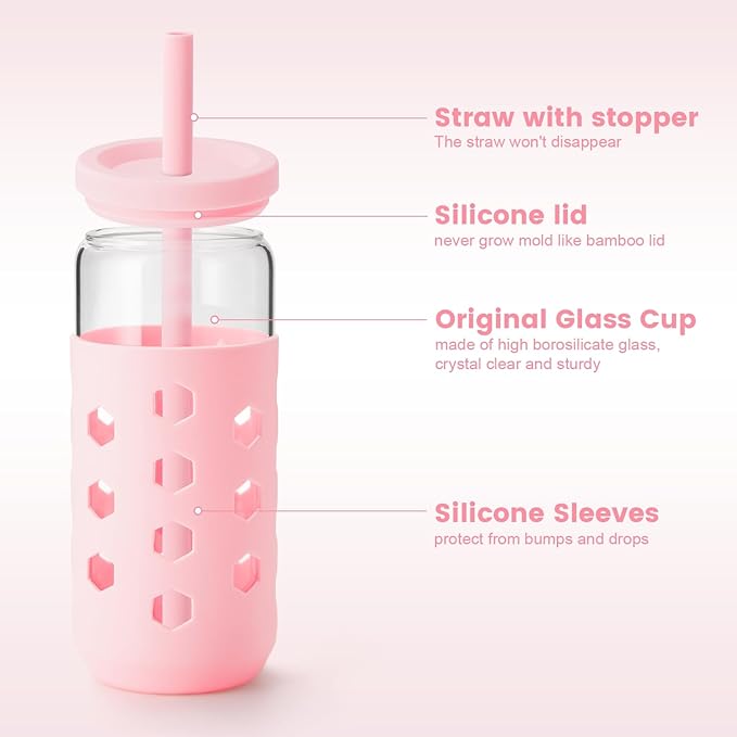 20 oz Glass Cups With Lids and Straws, 4-Pack Iced Coffee Cup - Smoothie Cup With Silicone Lid and Sleeve for Coffee Bar Accessory, Cute Drinking Glasses Set Reusable Glass Tumbler for Gifts