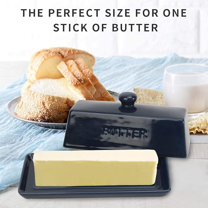 Butter Dish With Lid, WERTIOO Porcelain Butter Keeper With Handle Cover French Butter Dish with Stainless Steel 3 in 1 Butter Spreader Container for Countertop, Dark Blue