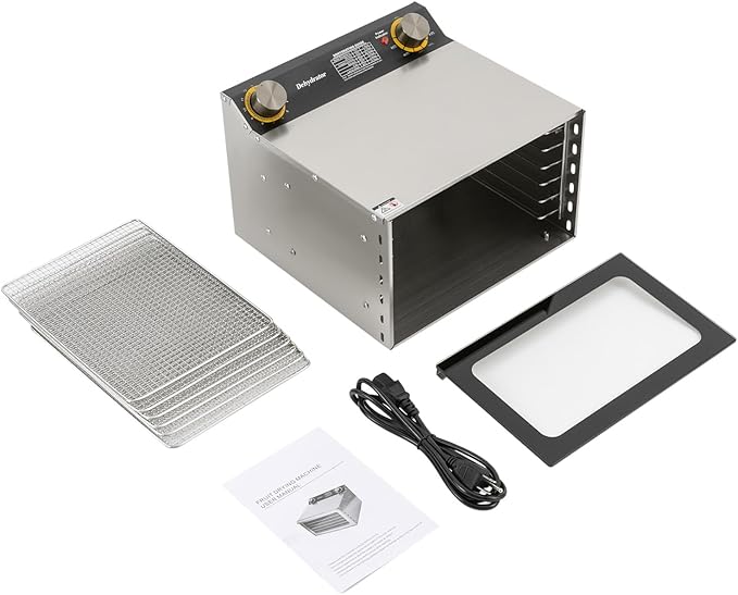 110V/60Hz Stainless Steel Food Drying Machine, 400W Silver Food Drying Machine for Home Use Countertop Food Dehydrator Modern Rectangular Temperature Range 30-90℃/86-194℉ 6 Grid Tray