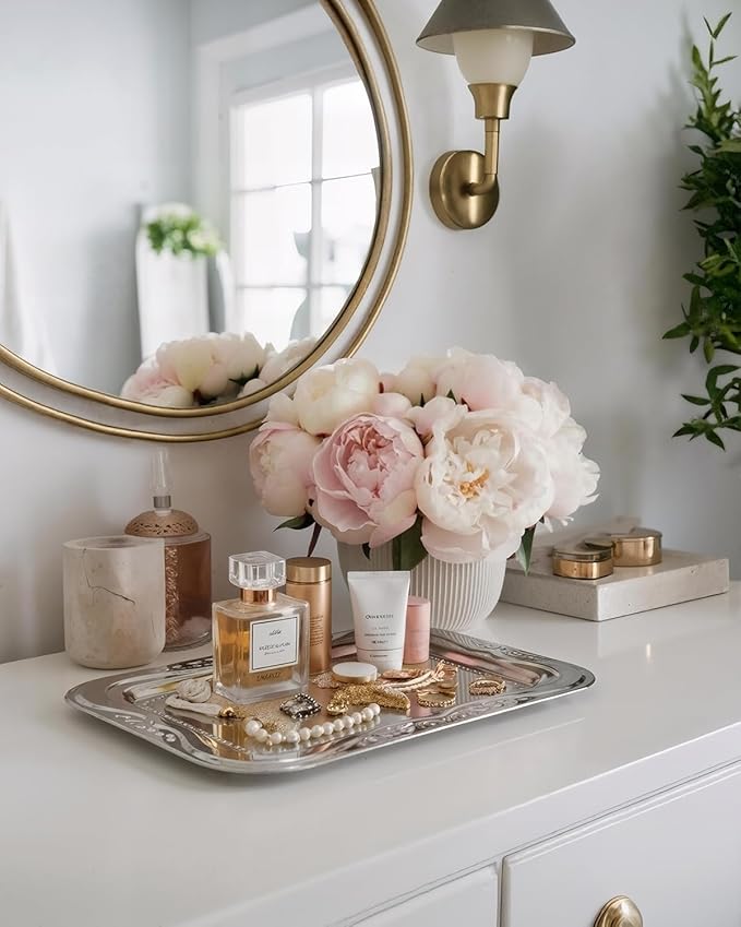 4-Pack Small Silver Serving Trays Set - ZENOVLUX Lightweight Bow Floral Engraved Mirror Decorative Tray, 11.4" x 7" Party Platters for Valentine's Day, Food, Appetizer, Charcuterie, Cookies, Desserts