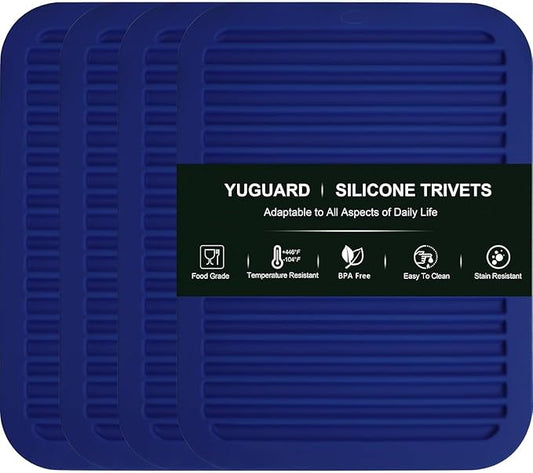 4 - Pack Multi - Purpose Silicone Mats | Heat Resistant Pot Holders for Kitchen | Non - Slip Hot Pads for Hot Pots, Pans & Quartz Countertops | Gray Kitchen Mats (Blue)