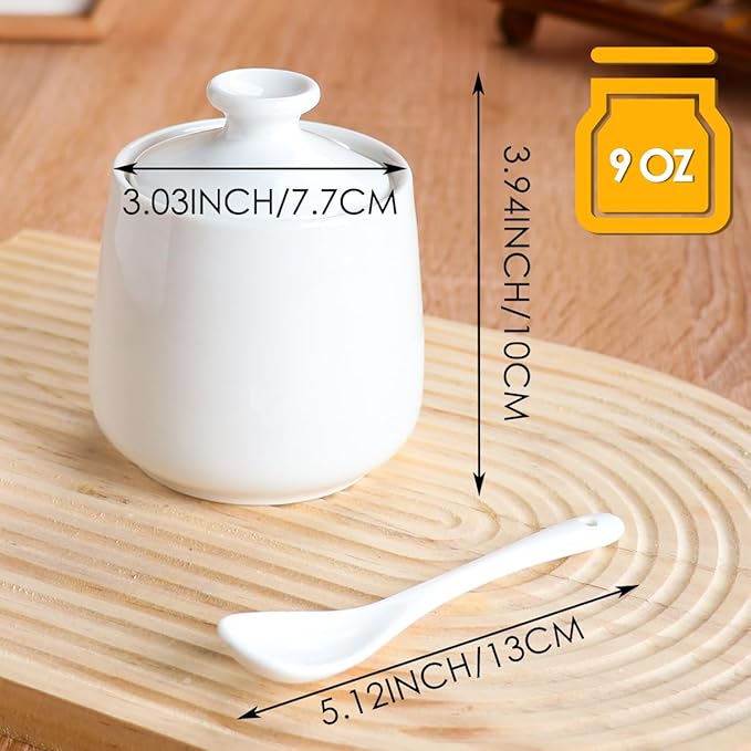 Ceramic Sugar Bowl with Lid and Spoon, Porcelain Salt Storage Jar, White Seasoning Container for Home and Kitchen, 9 Ounces (White)