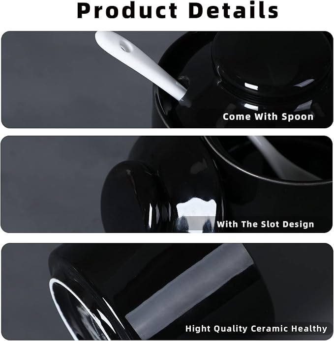 ONTUBE Ceramic Sugar Bowl with Lid and Spoon,Porcelain Sugar Pot,8oz (Black)