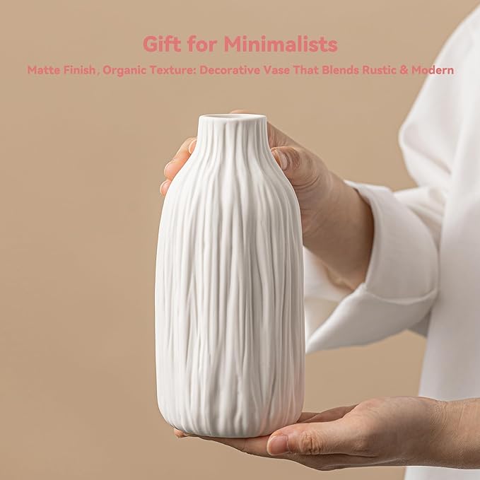 White Matte Ceramic Flower Vase - Woodgrain Sculptural with Vertical Texture, 7.2" Unique Vase for Pampas Grass/Centerpieces, Decorative Farmhouse Vase for Living Room/Office,Ideal Gift for Minimalist