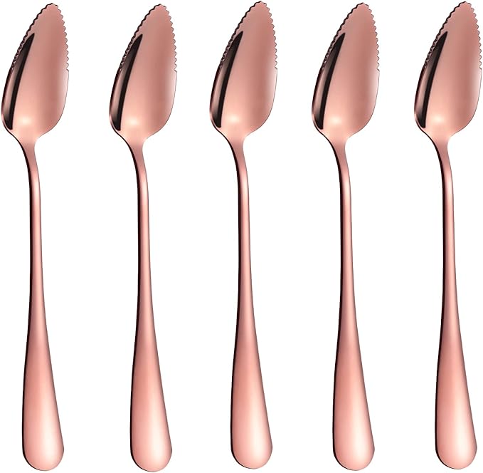 5 PCS Grapefruit Spoons, Stainless Steel Grapefruit Spoon Utensil Set, Serrated Edge & Thick Gauge Handle, Rose Gold Kitchen Tool with Non-stick Plating for Kiwi, Dessert, Apple, Citrus Fruit