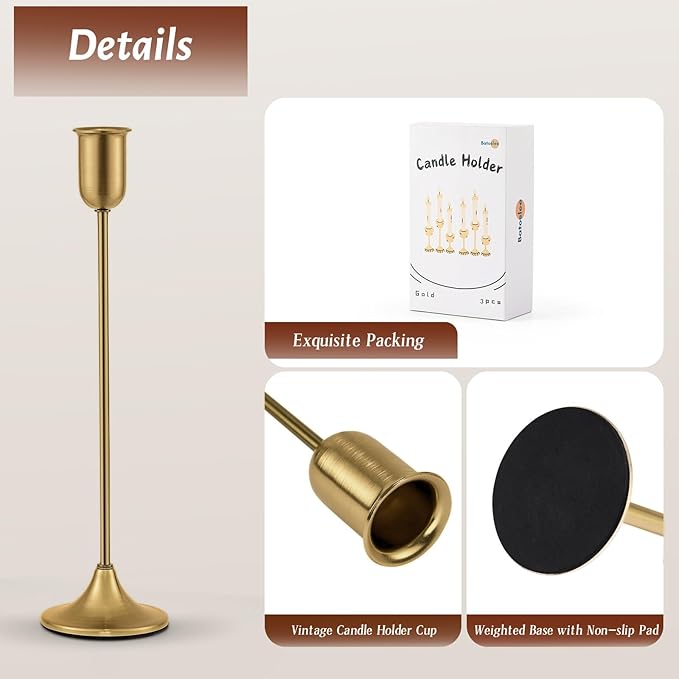 Candlestick Holders, Taper Candle Holders Set of 3, Gold Vintage Candle Sticks Holder Decor for Table Centerpiece, Fireplace Mantel, Weddings, Housewarming & Valentine's Day Décor