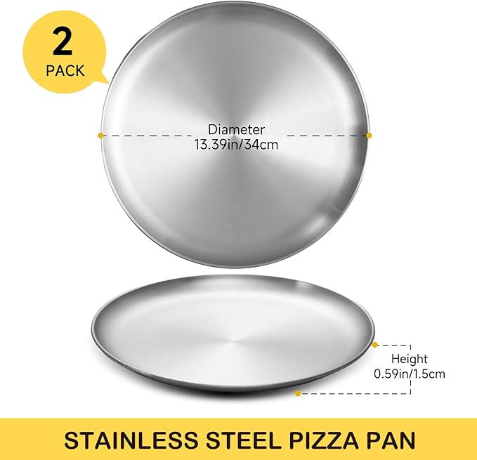 YeKuKing 13.5 Inch Pizza Pan for Oven Stainless Steel Baking Sheet Round Plates for Cake Pie and Salad Pizza Steel Tray Oven Dishwasher Safe & Easy Clean(2 PACKS)