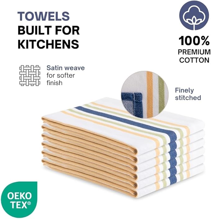 Kitchen Towel Set of 6, 100% Cotton Quick-Drying Absorbent Dish Towels & Tea Cloths, 20x30 Inch, Decorative Farmhouse Towels for Kitchen, Navy Blue Stripes