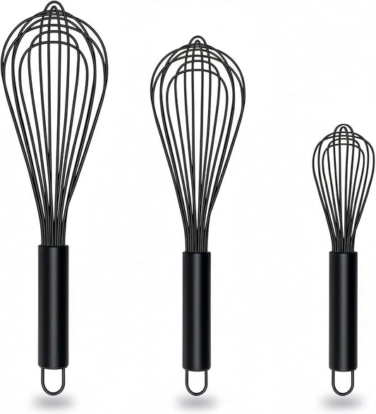 TEEVEA Silicone Whisk Set of 3 Non Scratch Non Stick Silicone Coated Stainless Steel Wire Whisks Heat Resistant 480°F Kitchen Wisk for Cooking Blending Whisking Tool Black