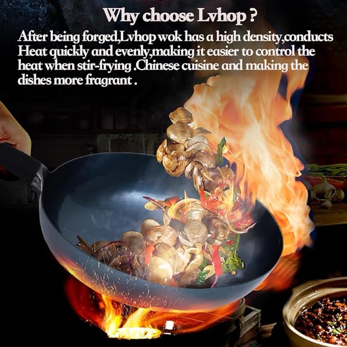 Lvhop iron wok with lid,13.8 inch woks & stir-fry pans nonstick,chinese traditional pans for open fire,large cookwares,cooking,bbq,grill,camping,blue pre-seasoned round bottom wok (34cm)