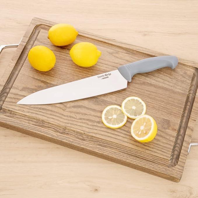 Restaurantware Comfy Grip 10 Inch Chef's Knife 1 Sharp Cooking Knife - Ergonomic Handle Non-Slip Grip Gray Stainless Steel Kitchen Knife Dishwashable Slice Dice Mince or Chop Ingredients