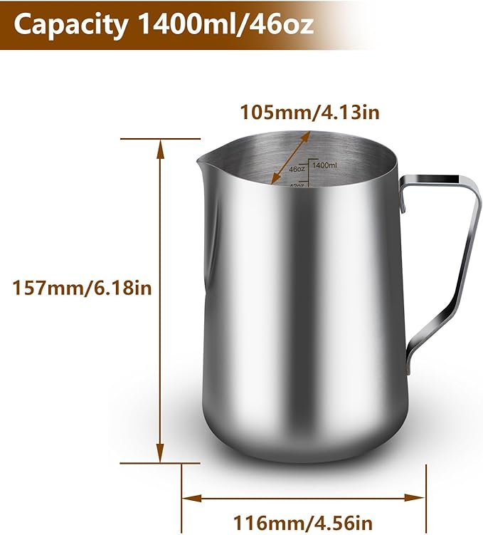 46oz Milk Frothing Pitcher with Latte Art Pen-Stainless Steel Steaming Jug for Espresso, Cappuccino & Coffee-Heat-Resistant, Dripless Spout, Measurement Scale, Dishwasher Safe (1400ml/46oz)