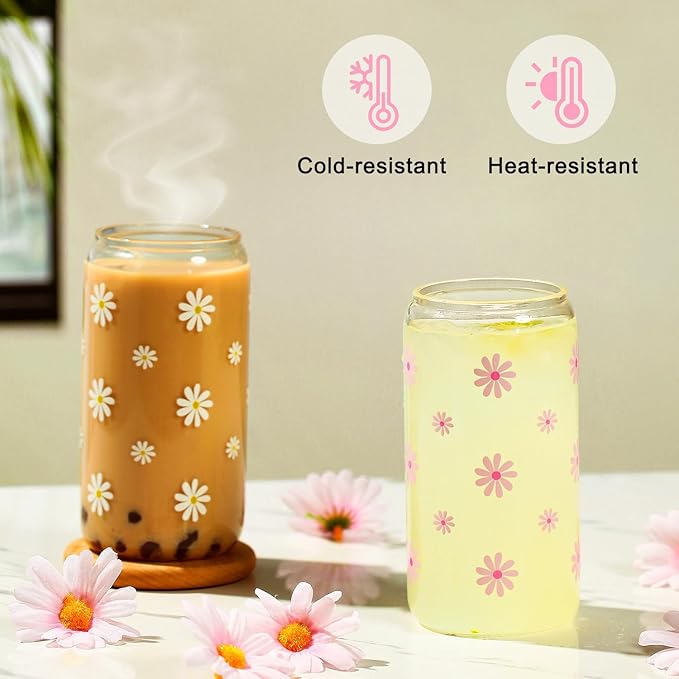 Cute Glass Cups with Lids and Straws, Teen Girl Birthday Gifts Daisy Iced Coffee Cup, Pink Aesthetic Mug Tumbler for Mothers Day Christmas Valentines Coffee Lover 16oz