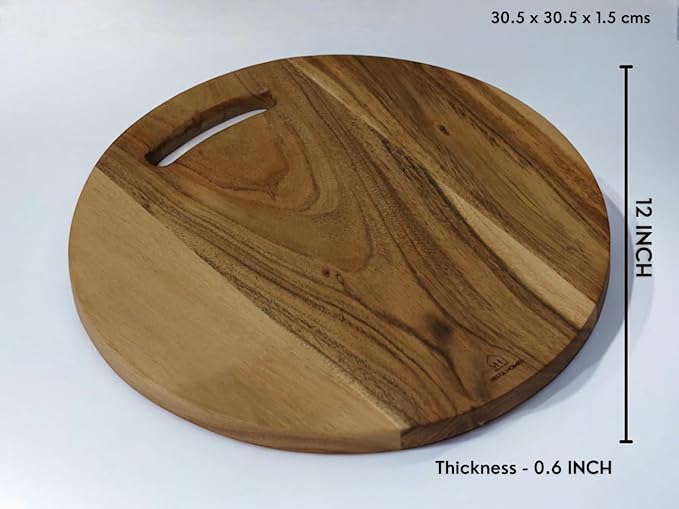 Vesta Homes Wooden Round Cutting Board | 12 * 12 Inches | Chopping Board/Serving Platter for Pizza, Vegetables, Fruits, Cheese and Charcuterie | Natural Acacia Wood | Handcrafted in India
