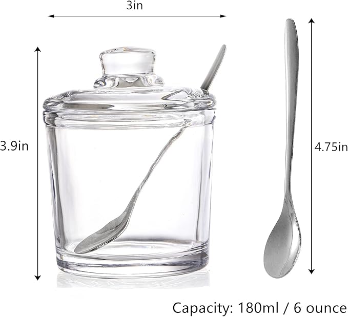Frcctre Set of 2 Glass Sugar Bowl, 6 Ounces Clear Sugar Jar with Spoon and Lid, Salt Spice Pepper Bowl Seasoning Jar Condiment Pots Dispenser Container for Home Kitchen Coffee Bar