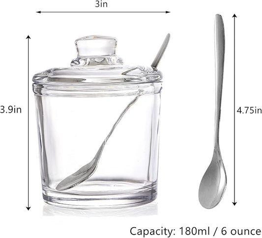 Frcctre Set of 2 Glass Sugar Bowl, 6 Ounces Clear Sugar Jar with Spoon and Lid, Salt Spice Pepper Bowl Seasoning Jar Condiment Pots Dispenser Container for Home Kitchen Coffee Bar