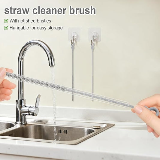 Silicone Straw Cleaner Brush, 4-Piece Reusable Straw Brush Set with Extra-Long Design for Cleaning Thin Metal Straws and Wider Milkshake Straws （6mm+9mm Gray)