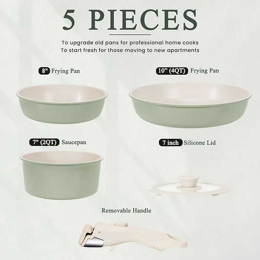 KIKCOIN Pots and Pans Set Nonstick, Ceramic Cookware Set Detachable Handle, Induction Kitchen Cookware Set with Removable Handle, Healthy Non Stick RV Cookware, Dishwasher ＆ Oven Safe, PFOA Free