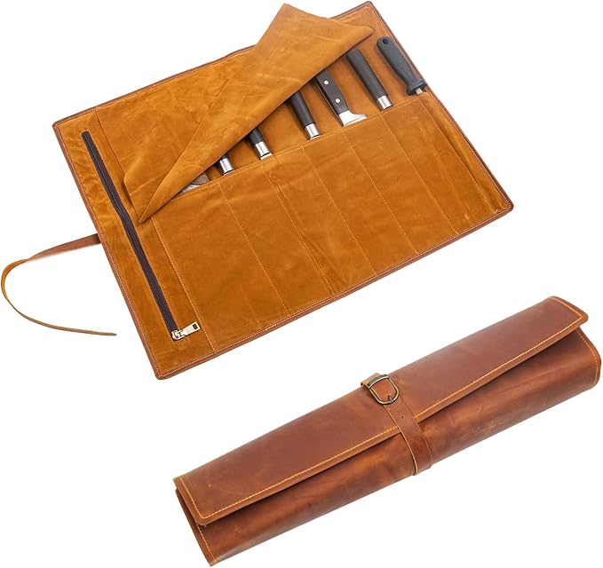 BSLGCTX Leather Knife Roll, Chef Knife Roll Bag, Knives Carrying Case, Culinary Tools Carrying Storage, Portable Travel Storage with 7 Slots & Zipper, Gifts for Chef (Brown)