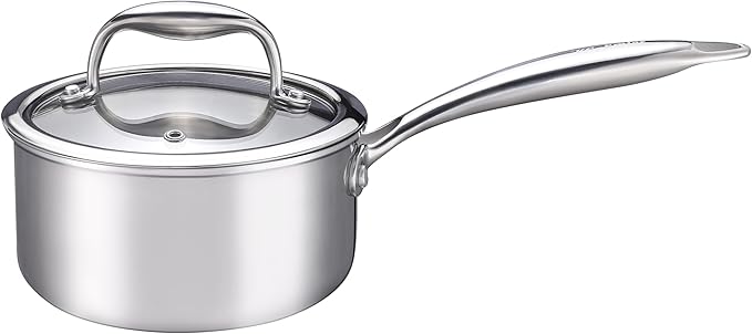 KC-Emier 1-Quart Saucepan with Lid, Tri-Ply Stainless Steel Pot with Stay-Cool Handle & All Cooktop Compatibility (Gas, Ceramic, Electric) - Silver