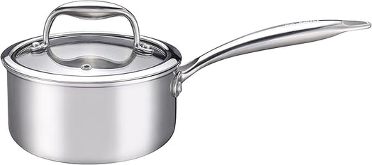 KC-Emier 1-Quart Saucepan with Lid, Tri-Ply Stainless Steel Pot with Stay-Cool Handle & All Cooktop Compatibility (Gas, Ceramic, Electric) - Silver