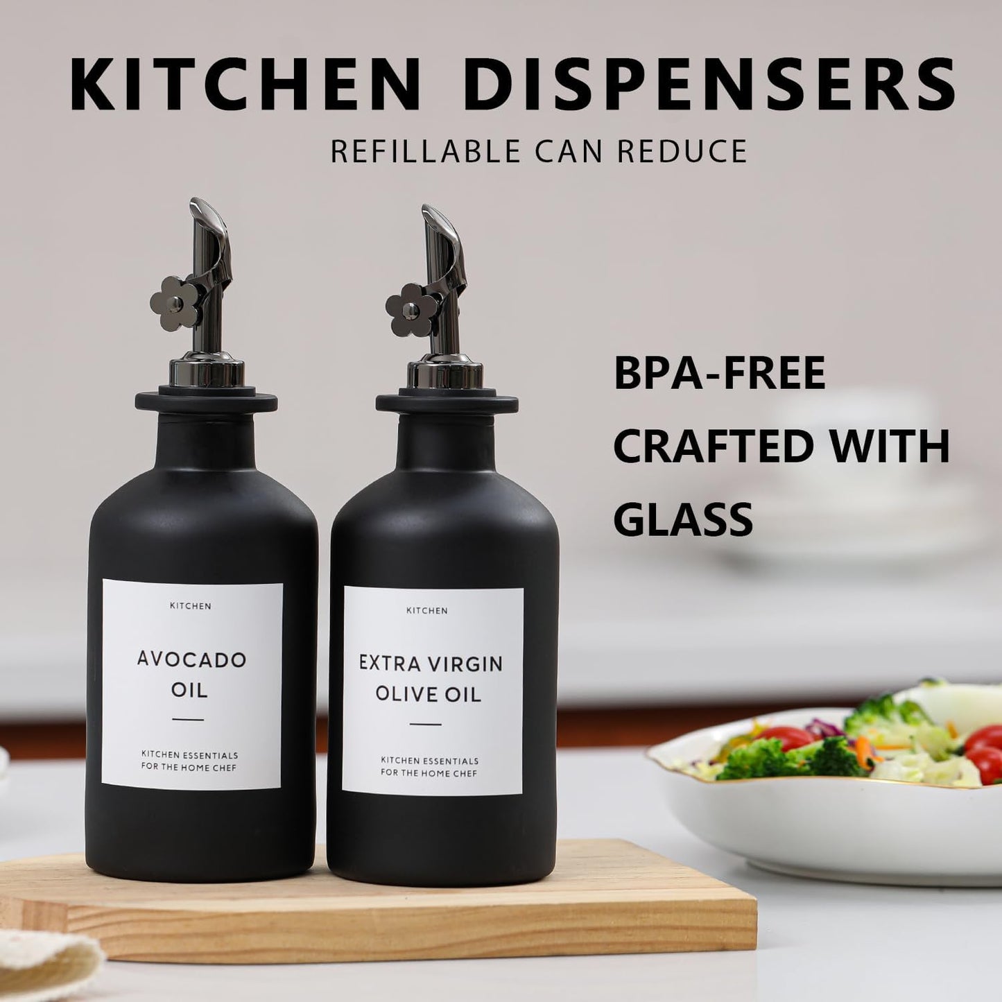 HOMCDALY Olive Oil Dispenser for Kitchen, 11.8oz Glass Kitchen Dispenser Bottle, Black Oil&Vinegar Cruet Set, Leakproof Olive Oil Bottles | Set of 2 (11.8oz – Black) Visit the HOMCDALY Store