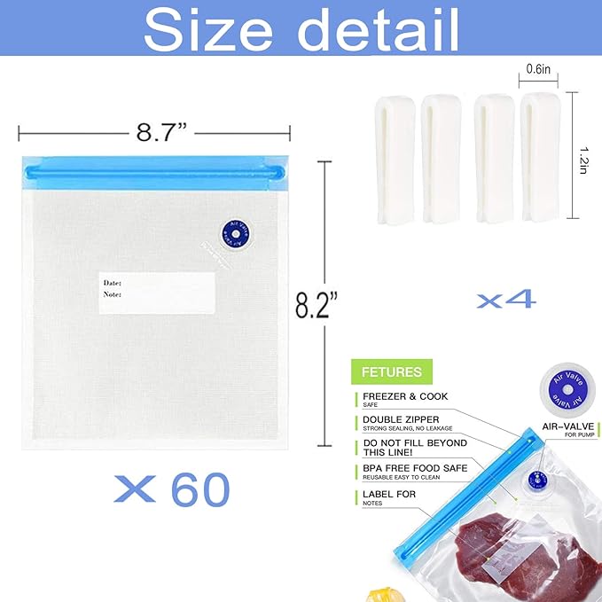 Sous Vide Bags 60pcs Reusable Vacuum Sealer Bags with 4 Sealing Clips, Reusable Vacuum bags for Food Storage and Sous Vide Cooking (8.2x8.7 Inch)