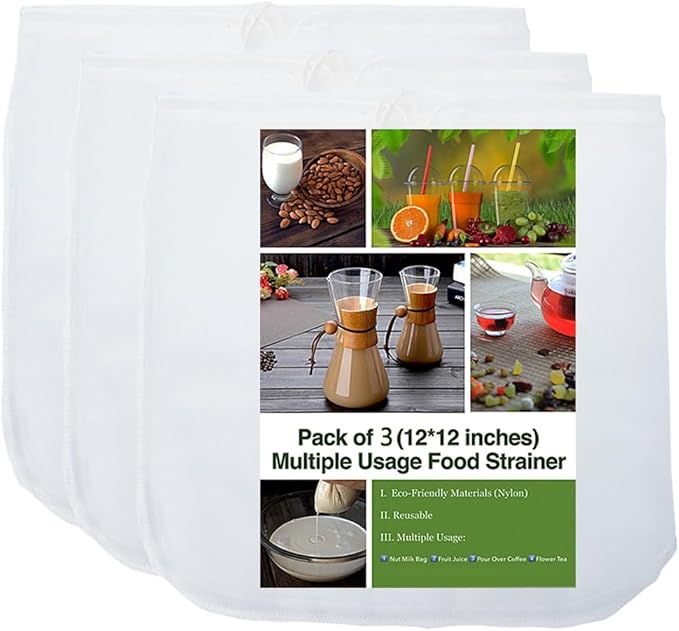 3 Pack - Ultra Fine Nut Milk Bag, 12X12 Inches, 80 Micron, Multiple Usage Reusable Food Strainer, Cold Brew Coffee Bag, Food Grade Nylon Mesh, BPA-Free, Cheesecloth Bag, Yogurt Strainer, Juice Filter