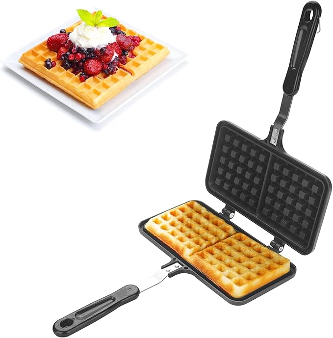 Agatige Stovetop Waffle Maker, Portable Aluminum Dual Head Nonstick Cast Iron Belgian Waffle Maker for Panini Sandwich Toaster Breakfast Snacks Cooking Baking Tool, 13.19x8.46in