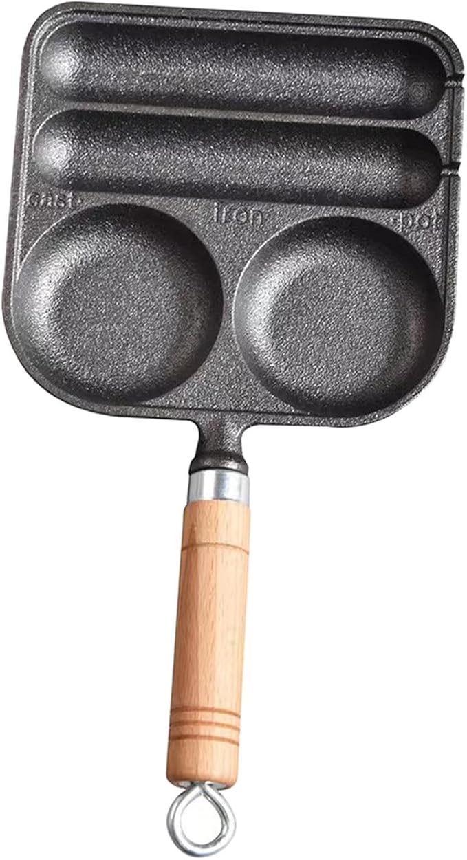 Fenteer Sausage and Eggs Grilling Pan, Hot Dog Presser Maker, Homemade 4 Cavity Cast Iron Non Coating DIY Waffle Corn Dog Grill Pan for Outdoor, Baking