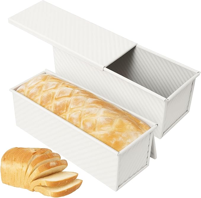 Spmarkt 2-Pack Beige Pullman Loaf Pan with Lid, Long Nonstick Bread Pan for Toast & Sandwich Bread, Cream White Nonstick Loaf Pan, 3 Vented Holes & Ridged Design, Great for Baking Lovers and Home Use