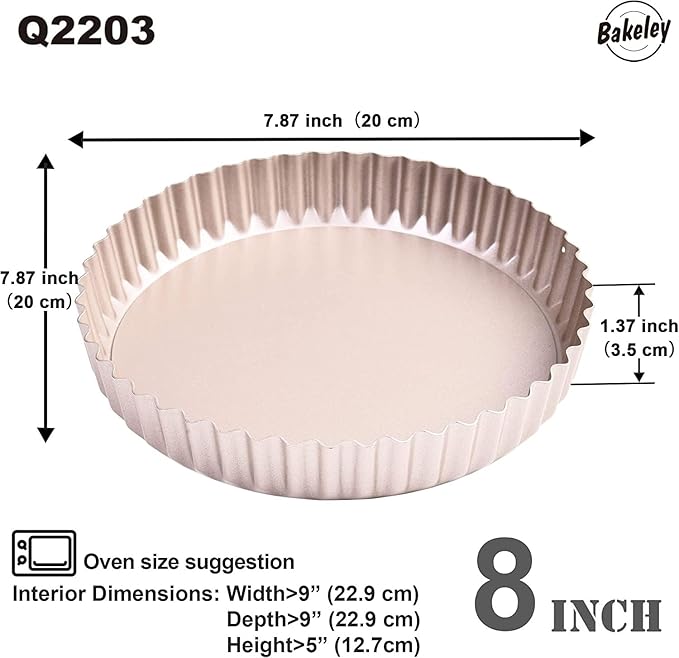 Bakeley 8-Inch Non-Stick Round Tart Pan with Removable Loose Bottom, Quiche Pan for Oven Baking (Champagne Gold)