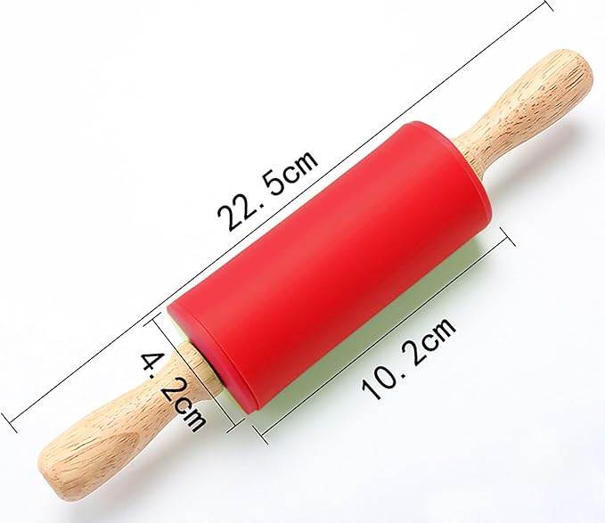 Silicone Rolling Pin, Red 9 Inch Pin with Wooden Rotatable Handle for Dough of Baking Bread, Cookie, Pizza (red, 9 inch)