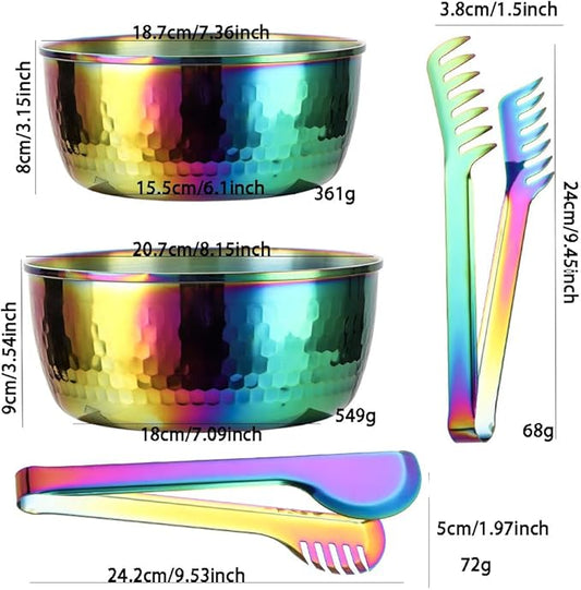 Stainless Steel Mixing Bowls with Food Tongs Set, Meal Prep Metal Mixing Bowls For Home, Refrigerator,and Kitchen Food Storage Organizers - Rainbow
