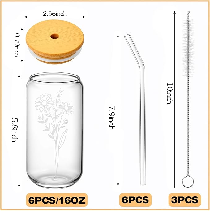 6 Pcs 16 Oz Gift for Women Cute Glass Cup, Can Shaped Drinking Glasses with Bamboo Lids and Glass Straws with Design, Aesthetic Flower Iced Coffee Mugs Tumbler Bulk for Party Bridesmaid Proposal Gifts