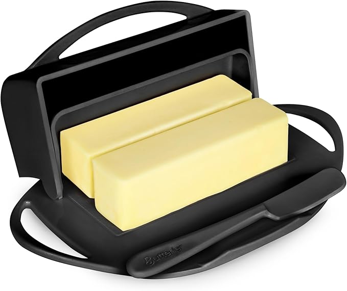 Butterie Flip-Top Butter Dish with Lid & Matching Knife, Holds 2 Sticks/European Butter, No-Mess Butter Holder, Shatterproof, Dishwasher Safe, Black