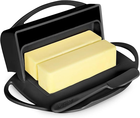 Butterie Flip-Top Butter Dish with Lid & Matching Knife, Holds 2 Sticks/European Butter, No-Mess Butter Holder, Shatterproof, Dishwasher Safe, Black
