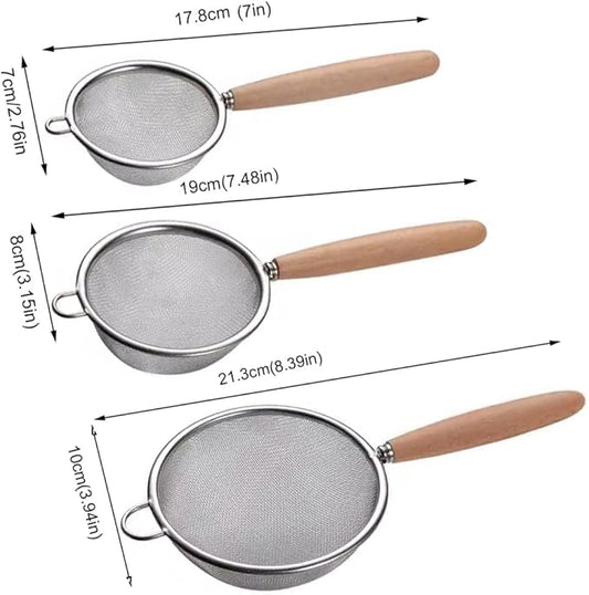 3Pcs Stainless Steel Fine Mesh Strainer Set Versatile Long-Handle Sieves for Flour Tea Coffee Oil Filtering(2.76 Inch,3.15Inch,3.94Inch)