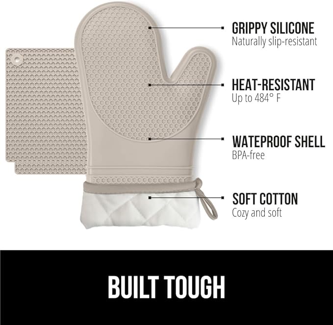 GORILLA GRIP BPA-Free Soft Silicone Oven Mitts and Pot Holders Sets of 4, Heat Resistant Waterproof Cooking Gloves, Thick Cotton Lining, Flexible Gripping for Baking Grilling, Kitchen Trivets, Almond