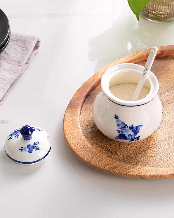 Ceramic Sugar Bowl with Lid and Spoon, 11Oz Sugar Container for Coffee Bar, Blue and White Sugar Jar/Dispenser, Flower