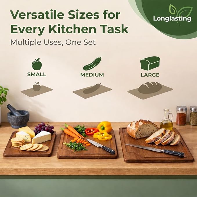 3-Piece Wooden Cutting Board Set with Juice Grooves, Mango Wood Chopping Boards for Kitchen Prep and Charcuterie Serving, Eco Friendly Multi Size Cutting Boards with Built-in Handles (Natural)
