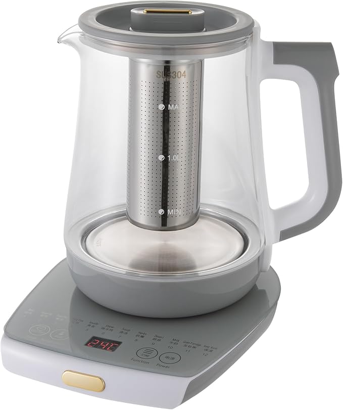 Bepritm 1.8L Multifunctional Electric Glass Kettle & Health Pot – 100-800W Hot Tea Maker, Auto Boiling Water Kettle with Filter, for Coffee, Herbal Decoction & Soup (110V) (Grey&White)