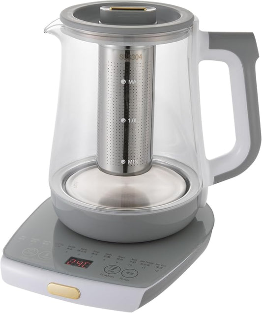 Bepritm 1.8L Multifunctional Electric Glass Kettle & Health Pot – 100-800W Hot Tea Maker, Auto Boiling Water Kettle with Filter, for Coffee, Herbal Decoction & Soup (110V) (Grey&White)