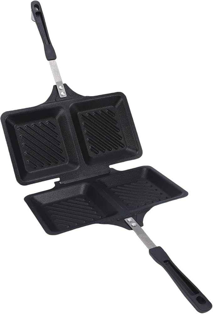 Double Sided Stovetop Press Iron for Quick Breakfast Sandwiches Wide Application 9.8x5.5 Inches (Black)
