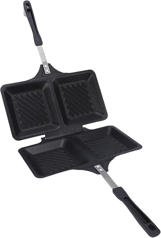 BAFOVY Sandwich Press Pan, Double Sided Non Stick Grilled Stovetop Panini Maker, Square Iron Design, for Home Kitchen (Black)