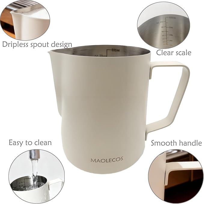 Milk Frothing Pitcher - 20 OZ Metal Milk Frother Pitcher Jug Stainless Steel Steaming Pitcher, Espresso Measuring Cups with Handle Scale, Stainless Steel Espresso Cups Kit for Coffee maker